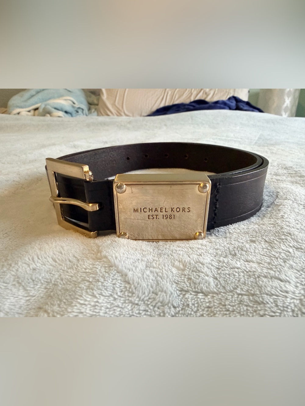 Michael Kors Black Leather Belt with Gold Plaque Accent
